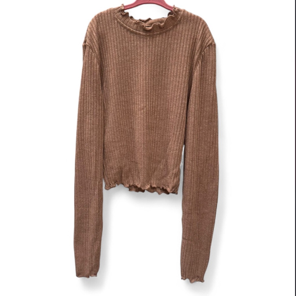 Brown ribbed long sleeve top with ruffle neckline
